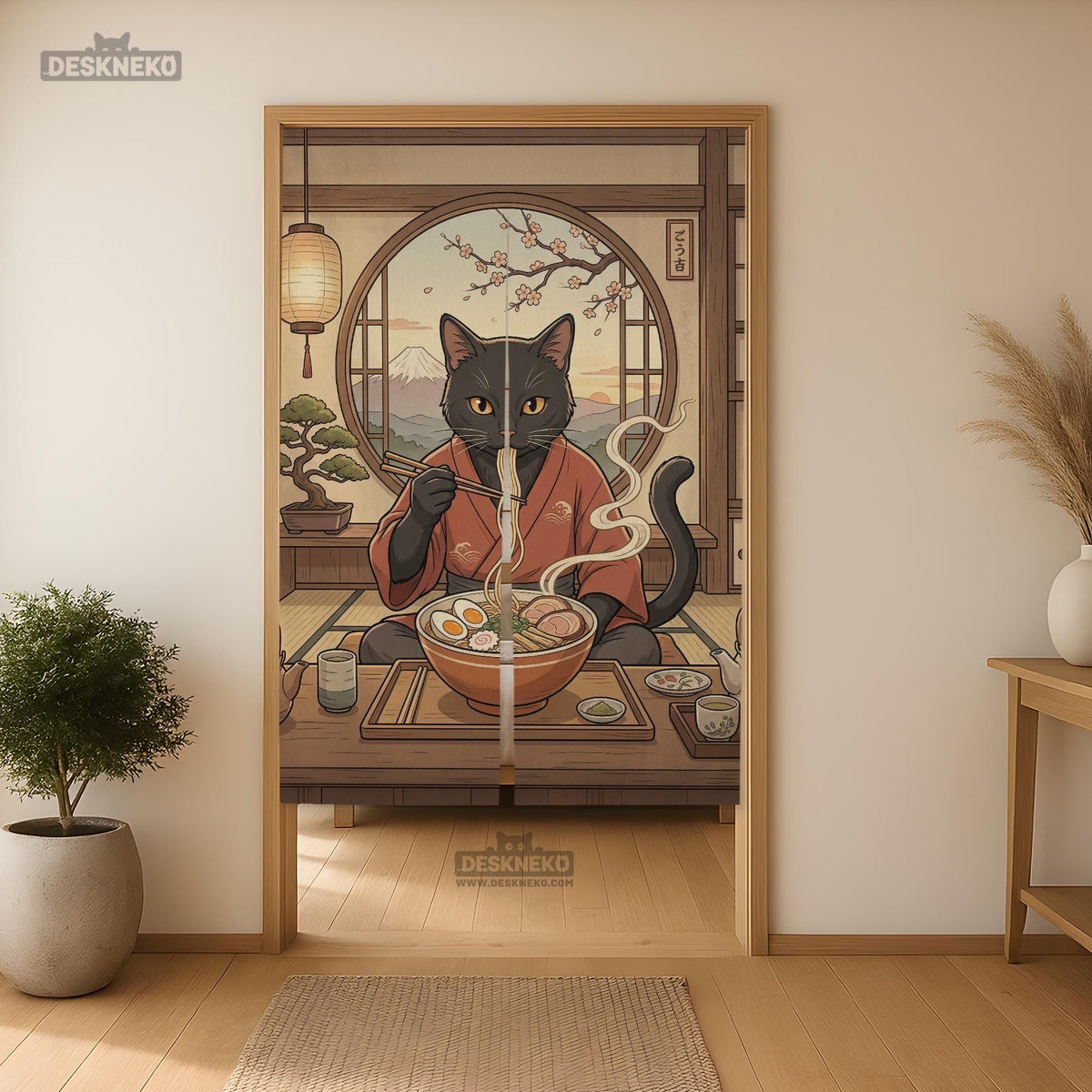 A decorative door curtain with a black cat design, cherry blossoms, and warm neutral background tones.