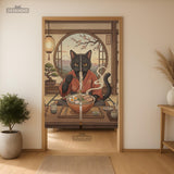 A decorative door curtain with a black cat design, cherry blossoms, and warm neutral background tones.