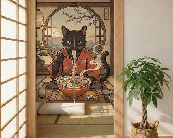 A decorative door curtain with a black cat design, cherry blossoms, and warm neutral background tones.