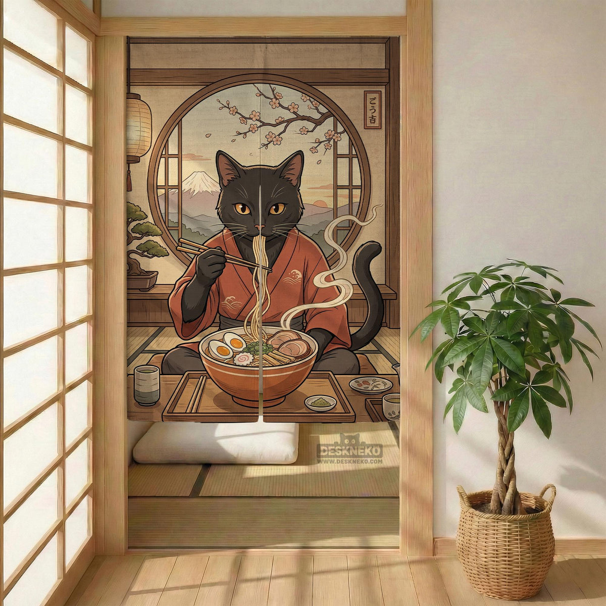 A decorative door curtain with a black cat design, cherry blossoms, and warm neutral background tones.