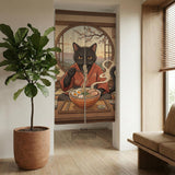 A decorative door curtain with a black cat design, cherry blossoms, and warm neutral background tones.