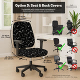 Black chair cover with a bat and star pattern shown on a gaming chair, with multiple cover style options listed for full chair, back and seat, seat only, and armrests.