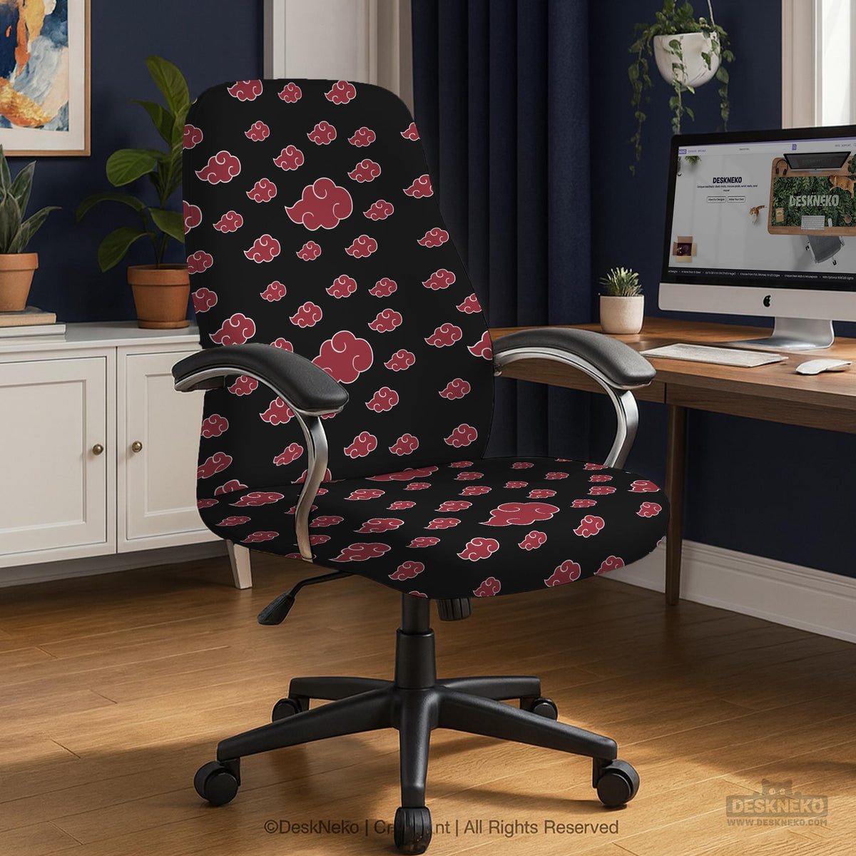 Black and red gaming chair cover with a red cloud pattern shown as multiple cover options, including full chair, back-and-seat, seat-only, and armrest-only styles.