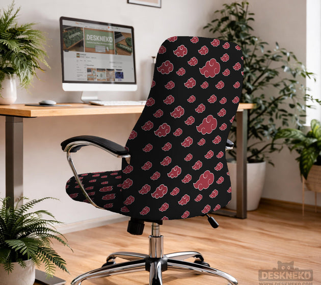 Black and red gaming chair cover with a red cloud pattern shown as multiple cover options, including full chair, back-and-seat, seat-only, and armrest-only styles.