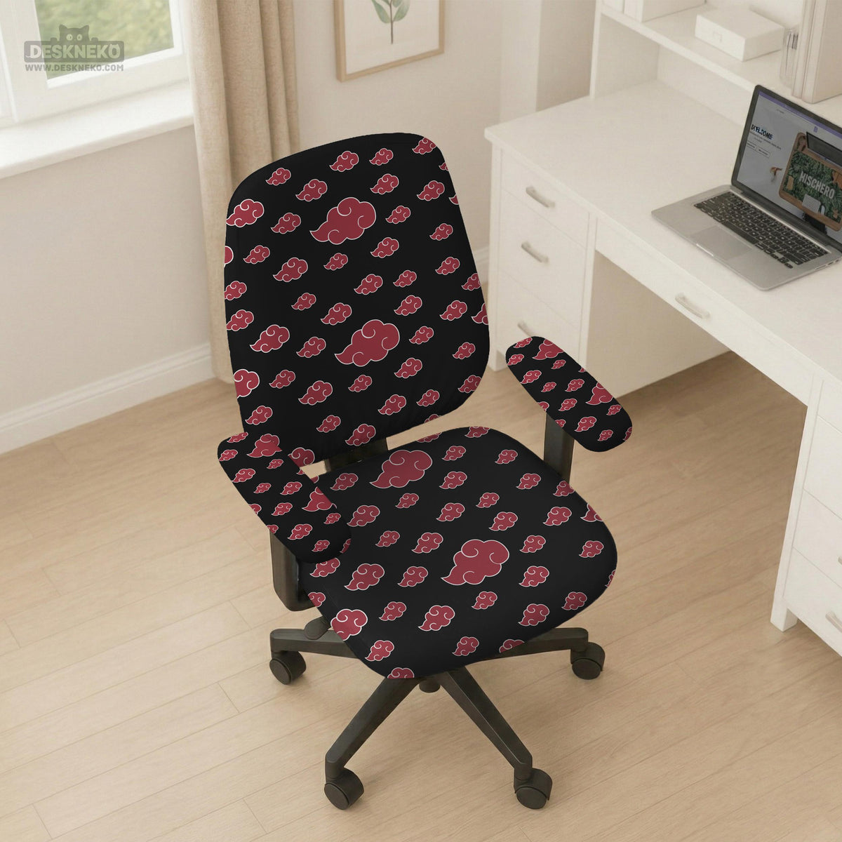 Black and red gaming chair cover with a red cloud pattern shown as multiple cover options, including full chair, back-and-seat, seat-only, and armrest-only styles.