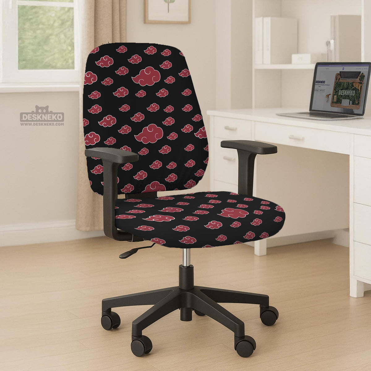 Black and red gaming chair cover with a red cloud pattern shown as multiple cover options, including full chair, back-and-seat, seat-only, and armrest-only styles.