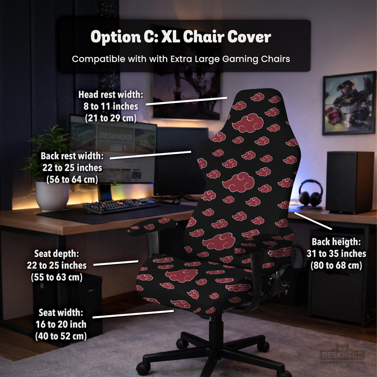 Black and red gaming chair cover with a red cloud pattern shown as multiple cover options, including full chair, back-and-seat, seat-only, and armrest-only styles.