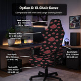 Black and red gaming chair cover with a red cloud pattern shown as multiple cover options, including full chair, back-and-seat, seat-only, and armrest-only styles.