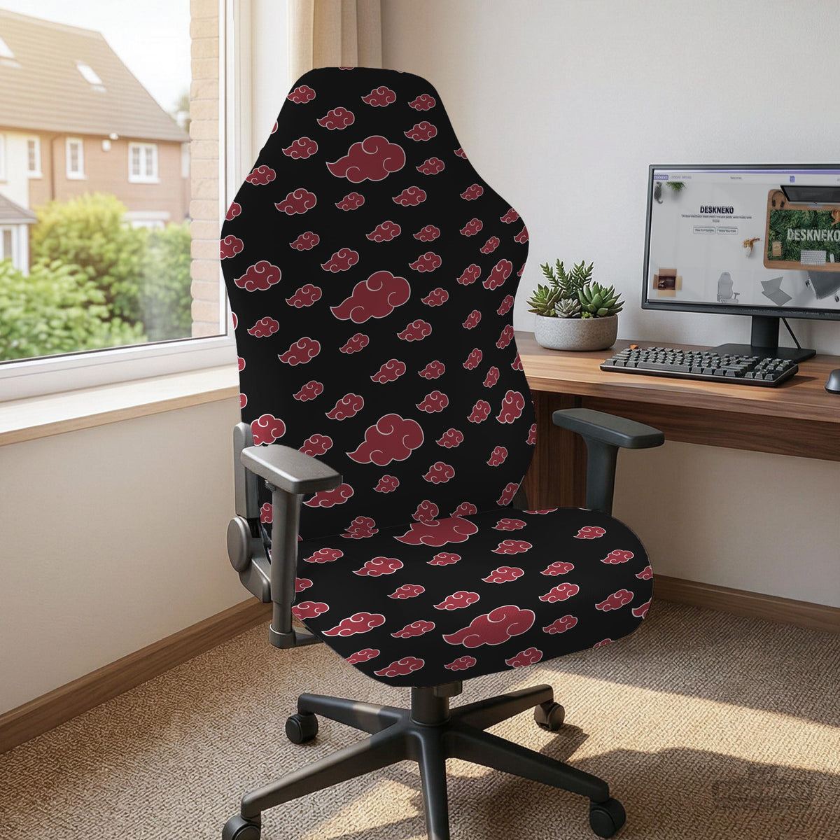 Black and red gaming chair cover with a red cloud pattern shown as multiple cover options, including full chair, back-and-seat, seat-only, and armrest-only styles.