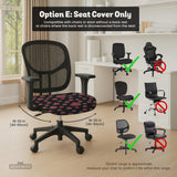Black and red gaming chair cover with a red cloud pattern shown as multiple cover options, including full chair, back-and-seat, seat-only, and armrest-only styles.