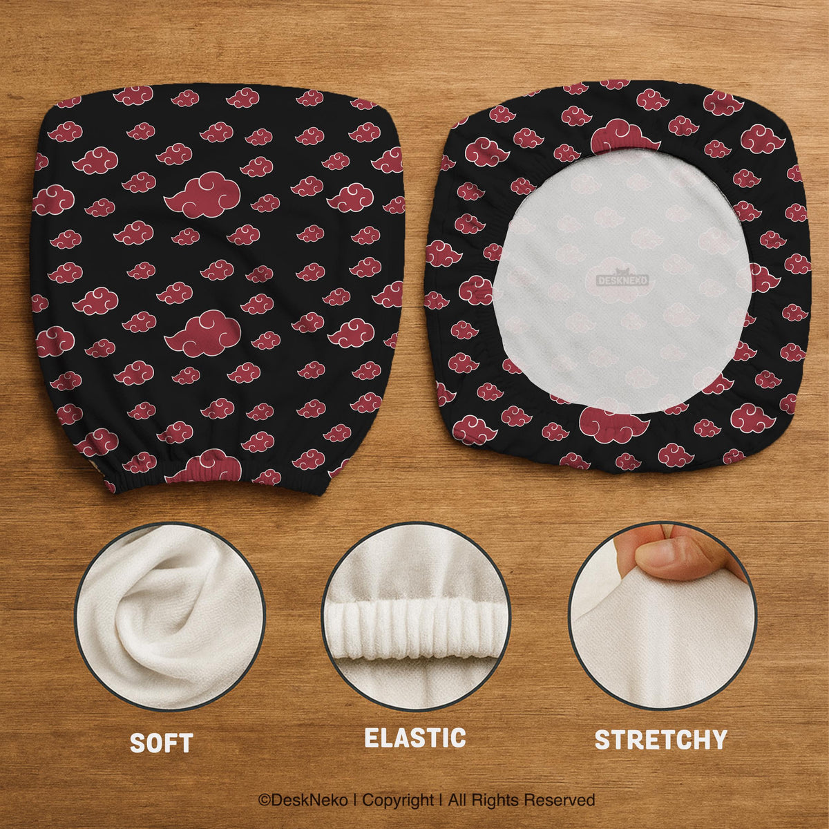 Black and red gaming chair cover with a red cloud pattern shown as multiple cover options, including full chair, back-and-seat, seat-only, and armrest-only styles.