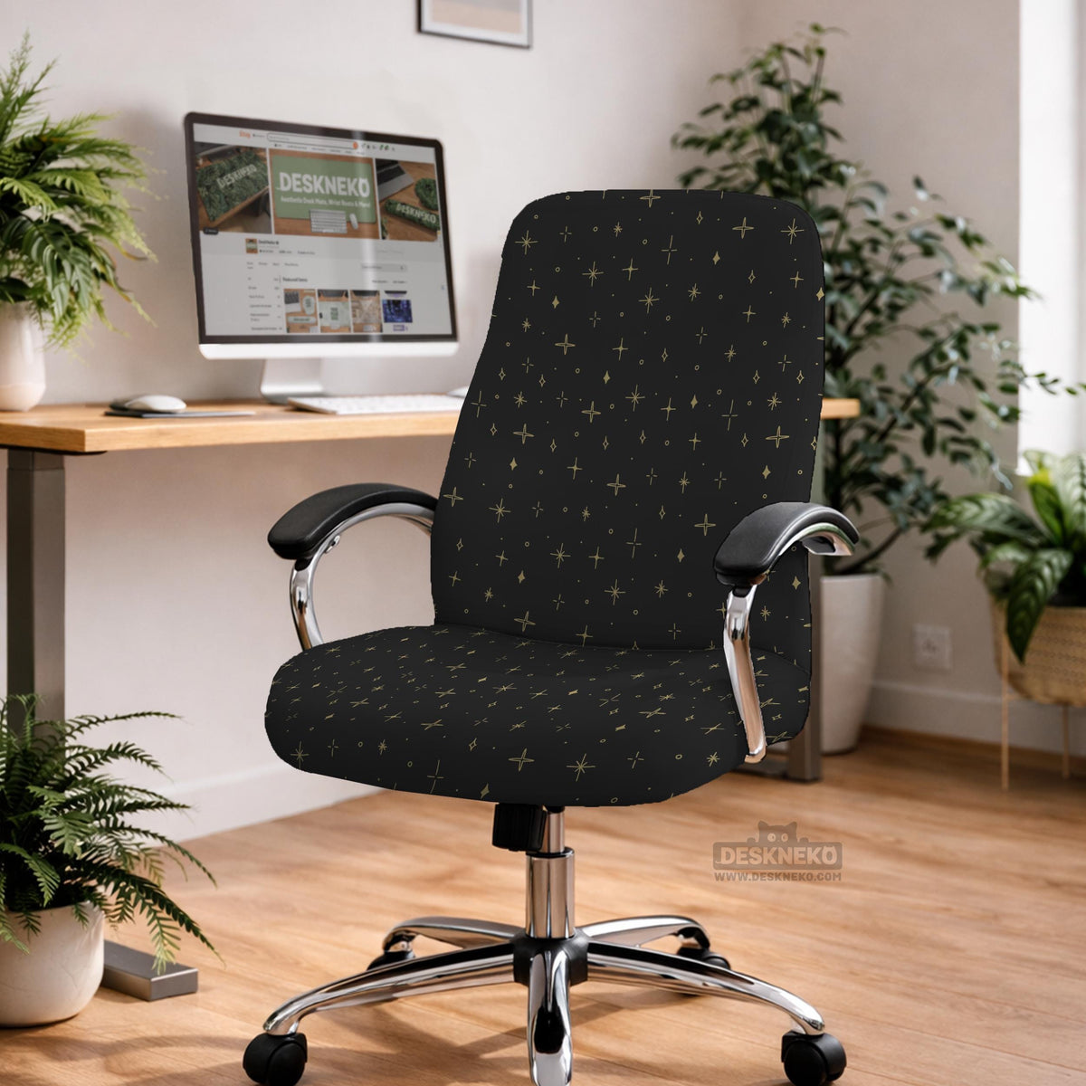 Desk chair cover in black with a small gold star pattern shown on a swivel chair.