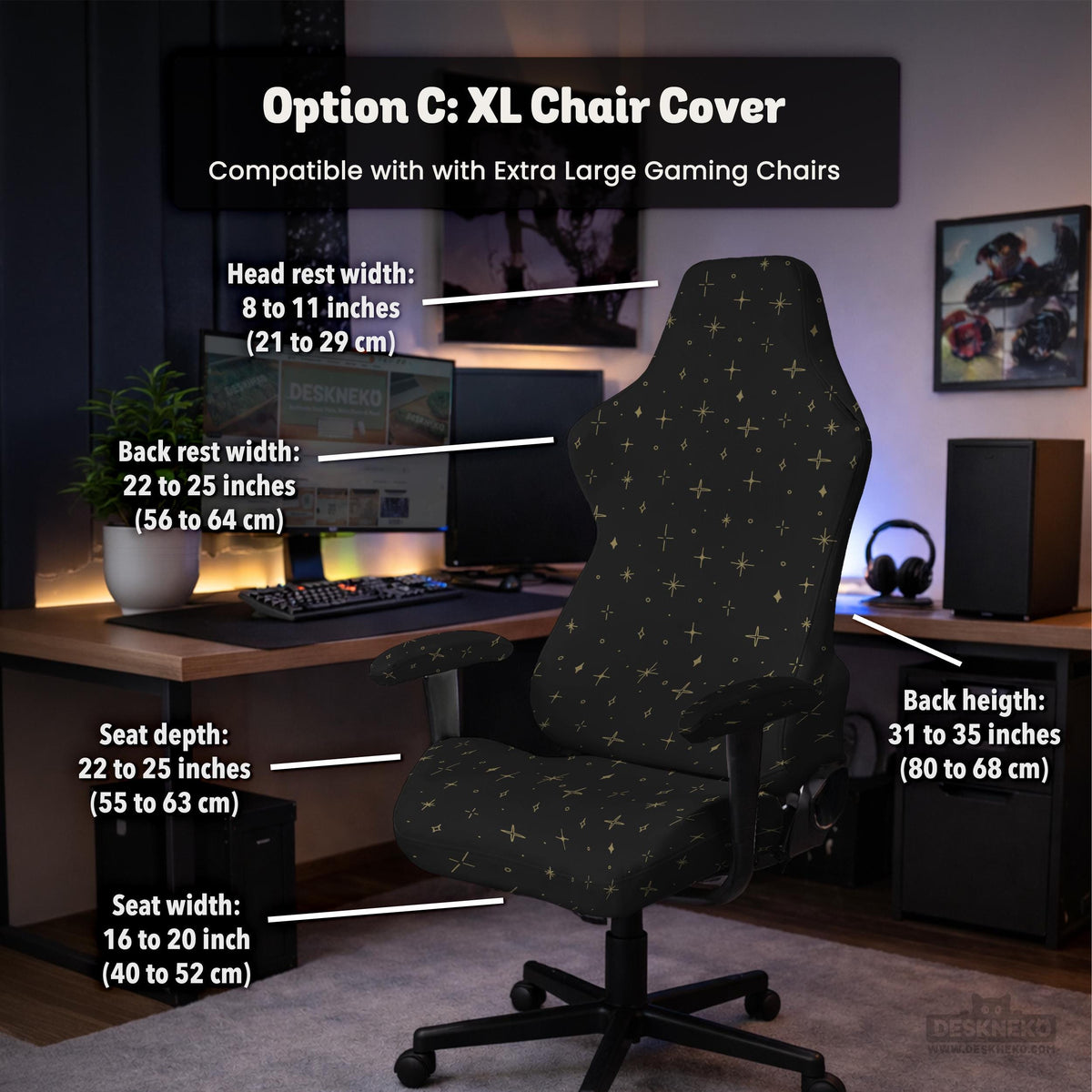 Desk chair cover in black with a small gold star pattern shown on a swivel chair.