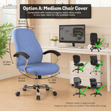 Blue desk chair cover with a celestial star and moon pattern shown in multiple coverage options for a chair.