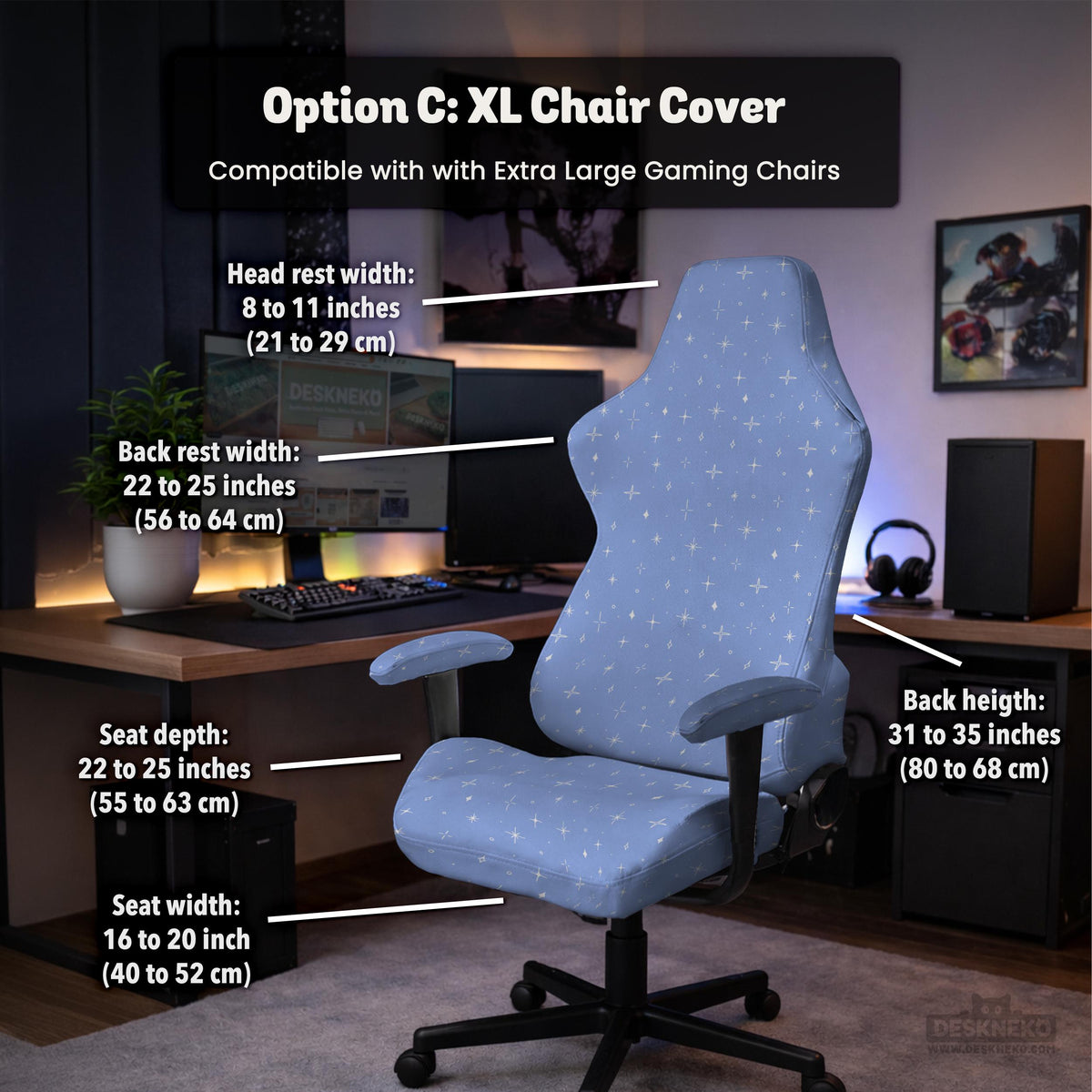 Blue desk chair cover with a celestial star and moon pattern shown in multiple coverage options for a chair.