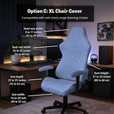 Blue desk chair cover with a celestial star and moon pattern shown in multiple coverage options for a chair.