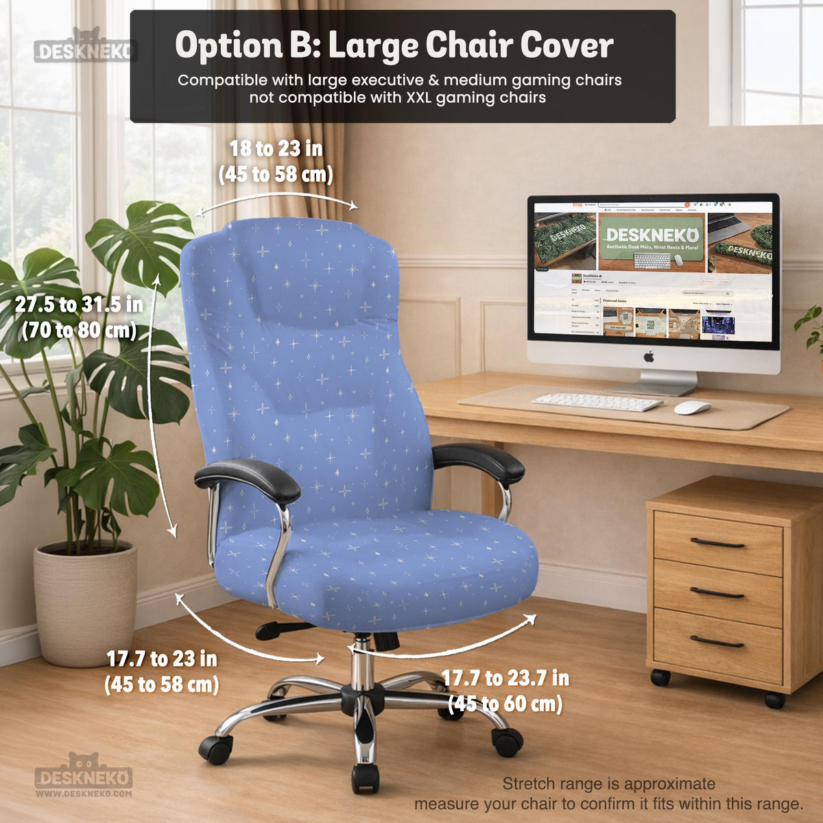 Blue desk chair cover with a celestial star and moon pattern shown in multiple coverage options for a chair.