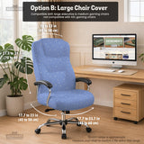 Blue desk chair cover with a celestial star and moon pattern shown in multiple coverage options for a chair.