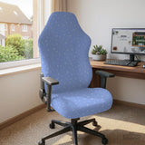 Blue desk chair cover with a celestial star and moon pattern shown in multiple coverage options for a chair.