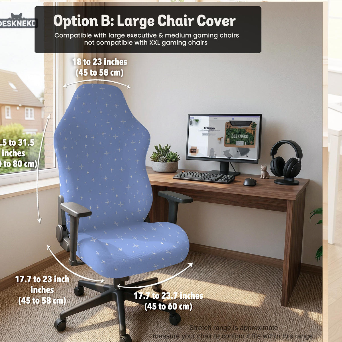 Blue desk chair cover with a celestial star and moon pattern shown in multiple coverage options for a chair.