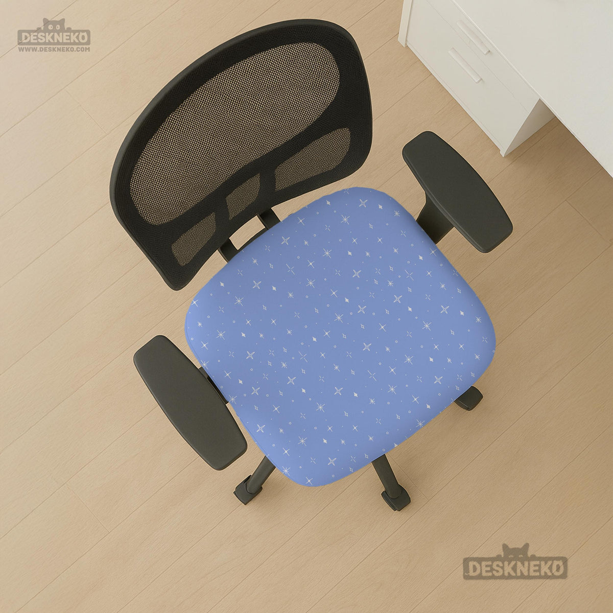 Blue desk chair cover with a celestial star and moon pattern shown in multiple coverage options for a chair.