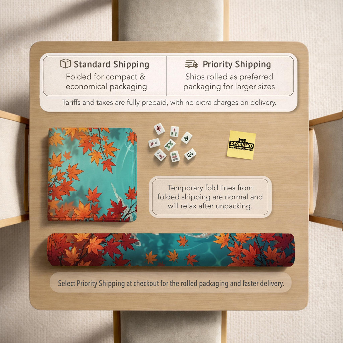 Square teal mahjong mat with koi fish, falling autumn leaves, and pond water artwork.