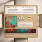 Square teal mahjong mat with koi fish, falling autumn leaves, and pond water artwork.
