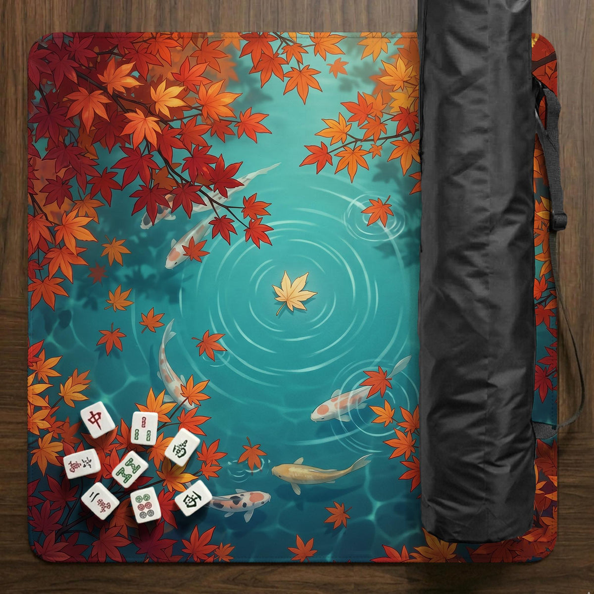 Square teal mahjong mat with koi fish, falling autumn leaves, and pond water artwork.