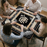 Square mahjong table mat with a black and silver dragon border, cloud details, and a scalloped edge.