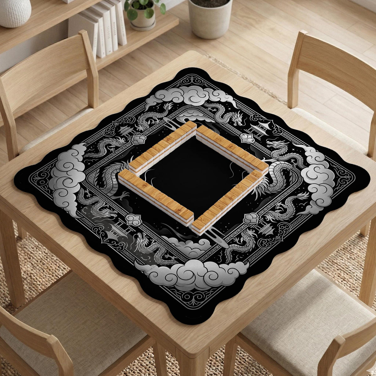 Square mahjong table mat with a black and silver dragon border, cloud details, and a scalloped edge.