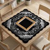 Square mahjong table mat with a black and silver dragon border, cloud details, and a scalloped edge.