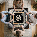 Square mahjong table mat with a black and silver dragon border, cloud details, and a scalloped edge.