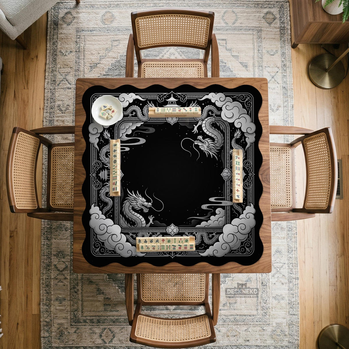 Square mahjong table mat with a black and silver dragon border, cloud details, and a scalloped edge.