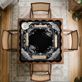 Square mahjong table mat with a black and silver dragon border, cloud details, and a scalloped edge.