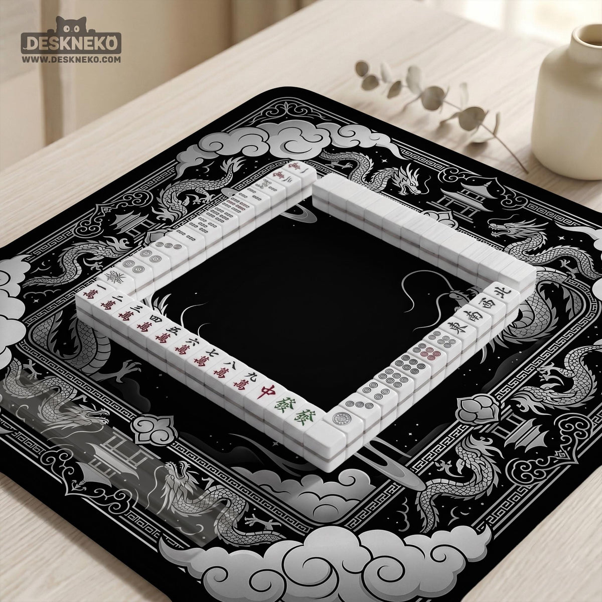 Square mahjong table mat with a black and silver dragon border, cloud details, and a scalloped edge.