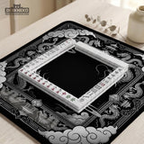 Square mahjong table mat with a black and silver dragon border, cloud details, and a scalloped edge.