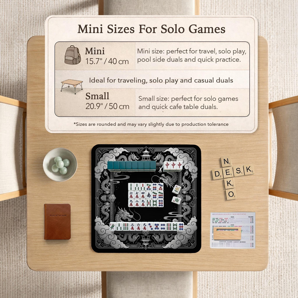 Square mahjong table mat with a black and silver dragon border, cloud details, and a scalloped edge.