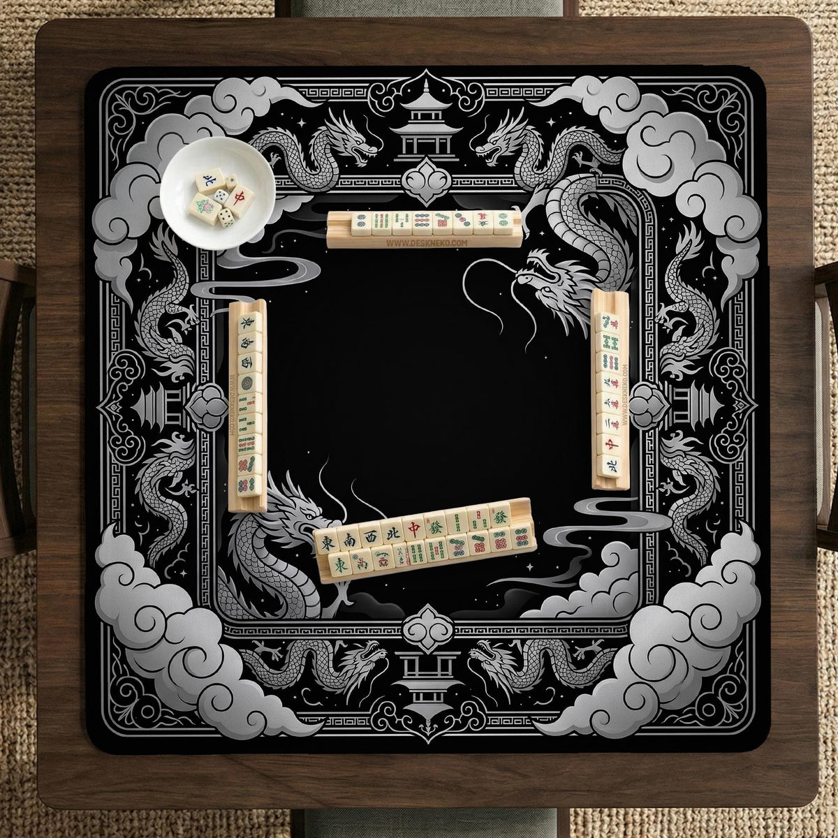 Square mahjong table mat with a black and silver dragon border, cloud details, and a scalloped edge.