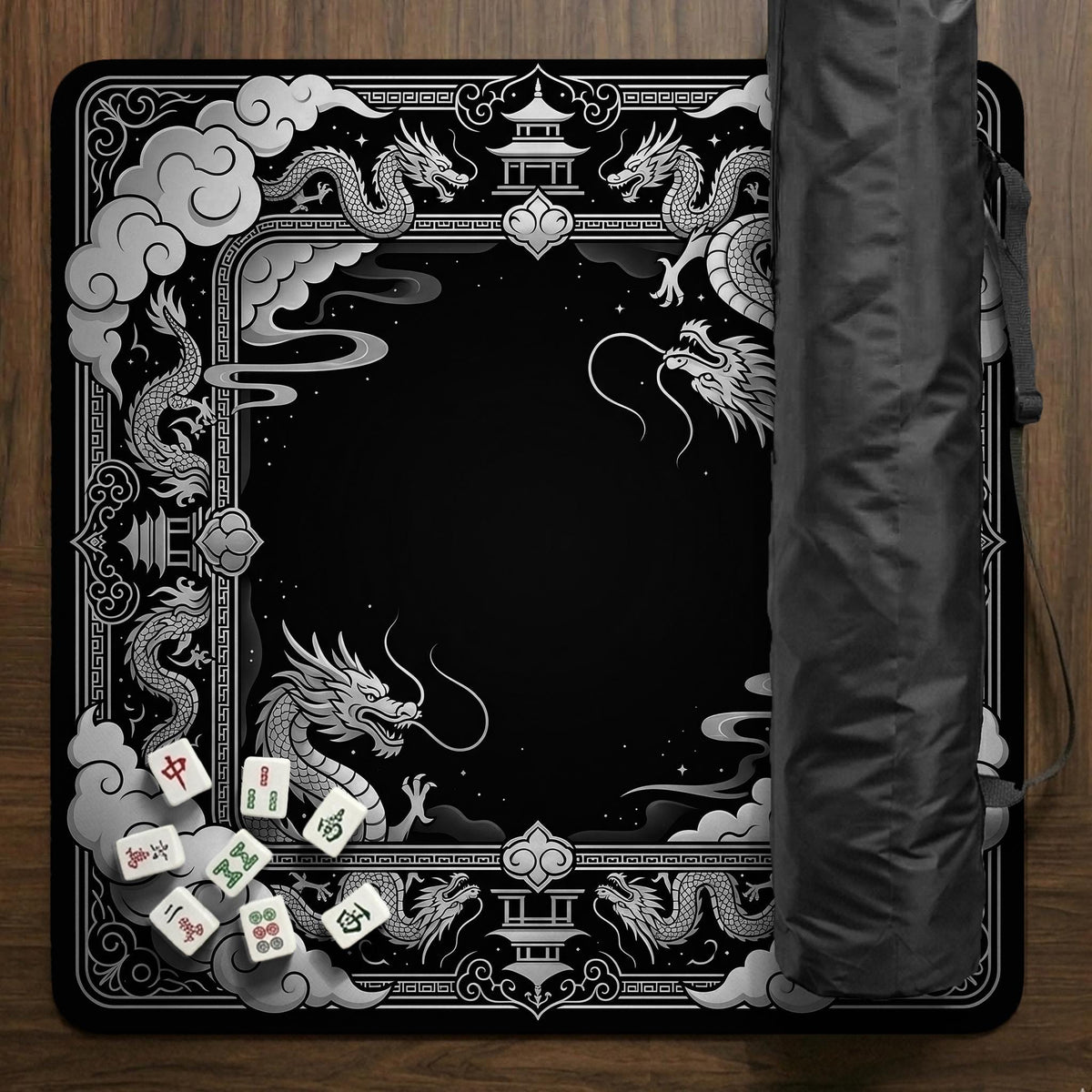 Square mahjong table mat with a black and silver dragon border, cloud details, and a scalloped edge.