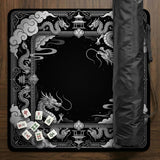 Square mahjong table mat with a black and silver dragon border, cloud details, and a scalloped edge.