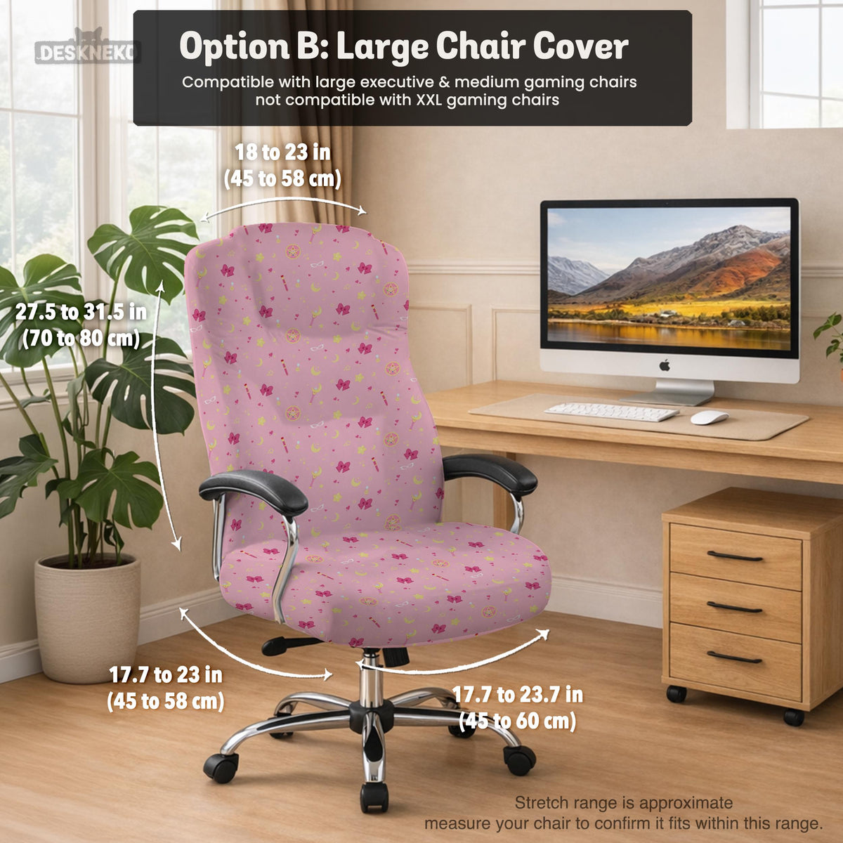 Pink chair cover with a pattern of moons, stars, bows, and small decorative shapes on a chair with armrests.