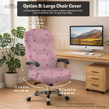 Pink chair cover with a pattern of moons, stars, bows, and small decorative shapes on a chair with armrests.