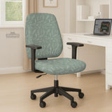 Office chair cover in muted sage green with a light leaf pattern on a white background.