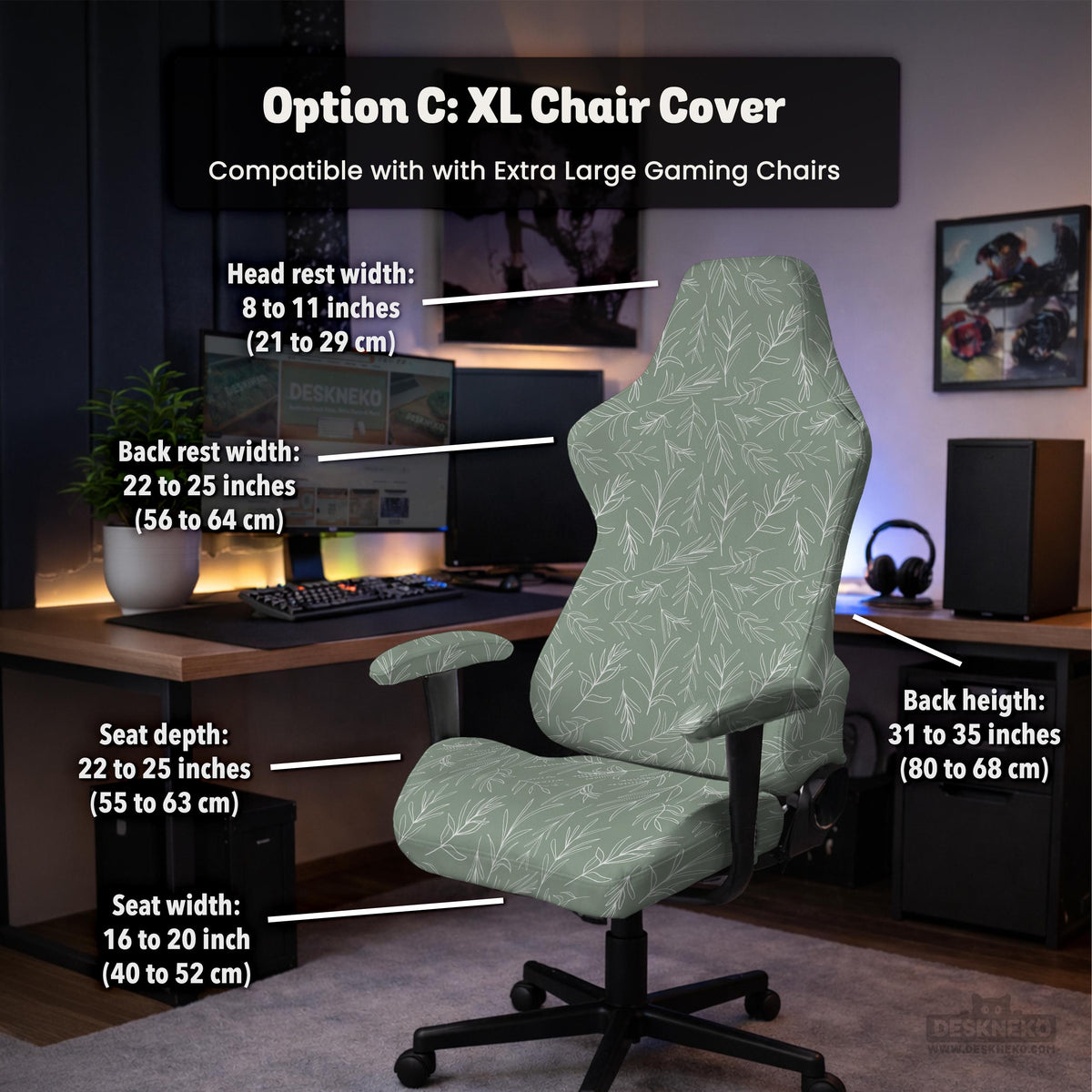 Office chair cover in muted sage green with a light leaf pattern on a white background.