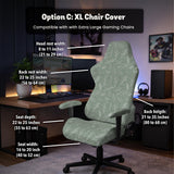 Office chair cover in muted sage green with a light leaf pattern on a white background.
