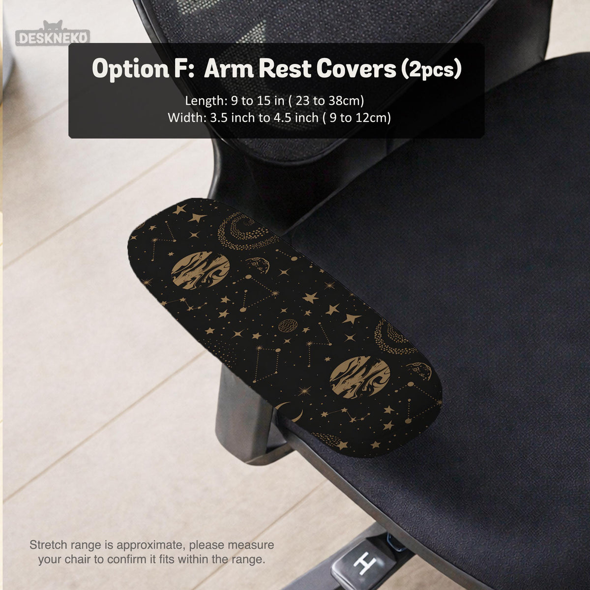 Black chair cover with a dark galaxy pattern, muted gold stars and celestial artwork on a chair.