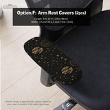Black chair cover with a dark galaxy pattern, muted gold stars and celestial artwork on a chair.