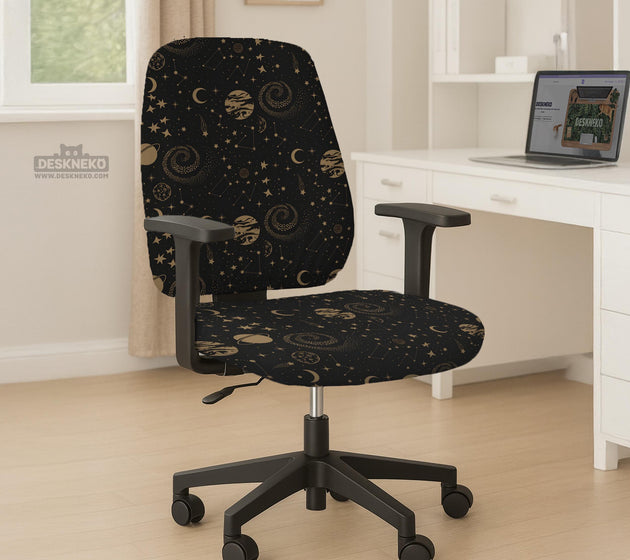 Black chair cover with a dark galaxy pattern, muted gold stars and celestial artwork on a chair.