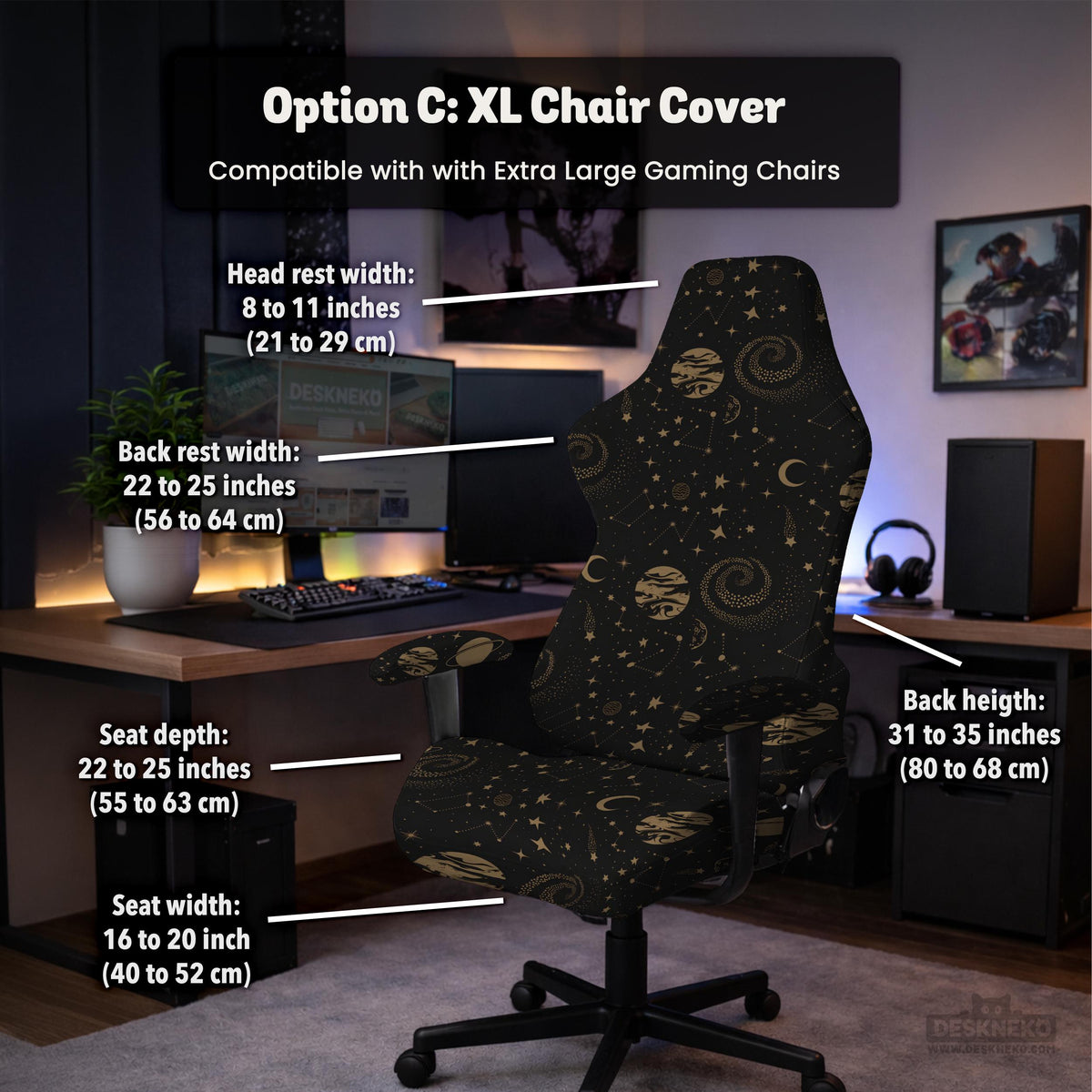 Black chair cover with a dark galaxy pattern, muted gold stars and celestial artwork on a chair.