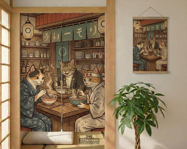 A split-panel Japanese noren curtain showing a ramen shop scene with three cats, warm lantern light, and vintage-style artwork in beige, muted teal, and brown tones.